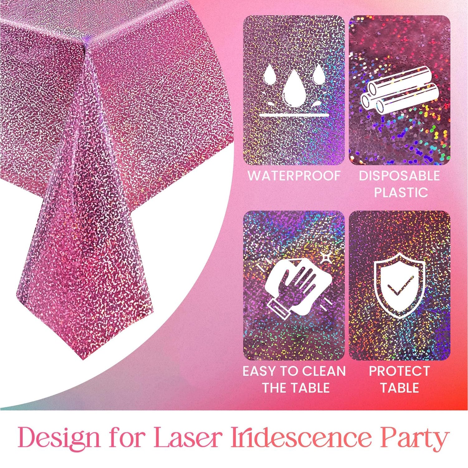 2 pcs Holographic Laser Tablecloths Shiny Table Covers Foil Disposable Rectangle Table cloths for Girl Birthday Party Wedding Anniversary Bachelorette Baby Shower Decor