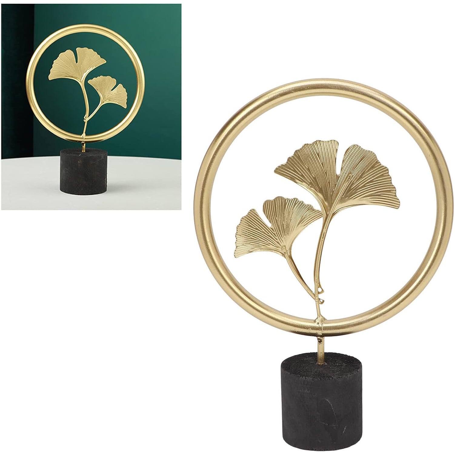 Ginkgo Leaf Statue Round Gold Metal Ginkgo Figure with Wooden Base, Hand Crafted Minimalist Lines Sculpture Ornaments for Desktop Bookshelf Decor