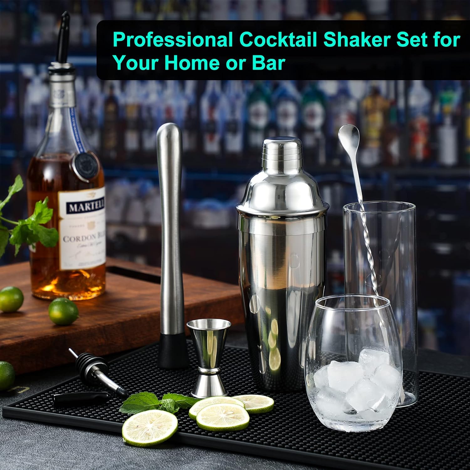 Cocktail Shaker Set Bartender Kit by CHKING, Stainless Steel Martini Shaker, Mixing Spoon, Muddler, Measuring Jigger, Liquor Pourers with Dust Caps and Manual of Recipes, Professional Bar Tools