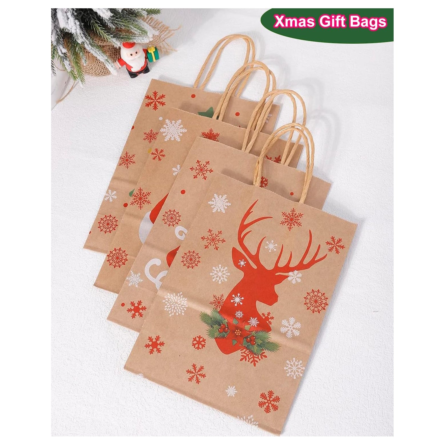 24Pcs Christmas Gift Bags Christmas Kraft Paper Bags, Christmas Goody Bags Small Christmas Gift Bags with Handles Xmas Treat Bags for Holiday Paper Gift Bags Party Gift Bags Party Supplies