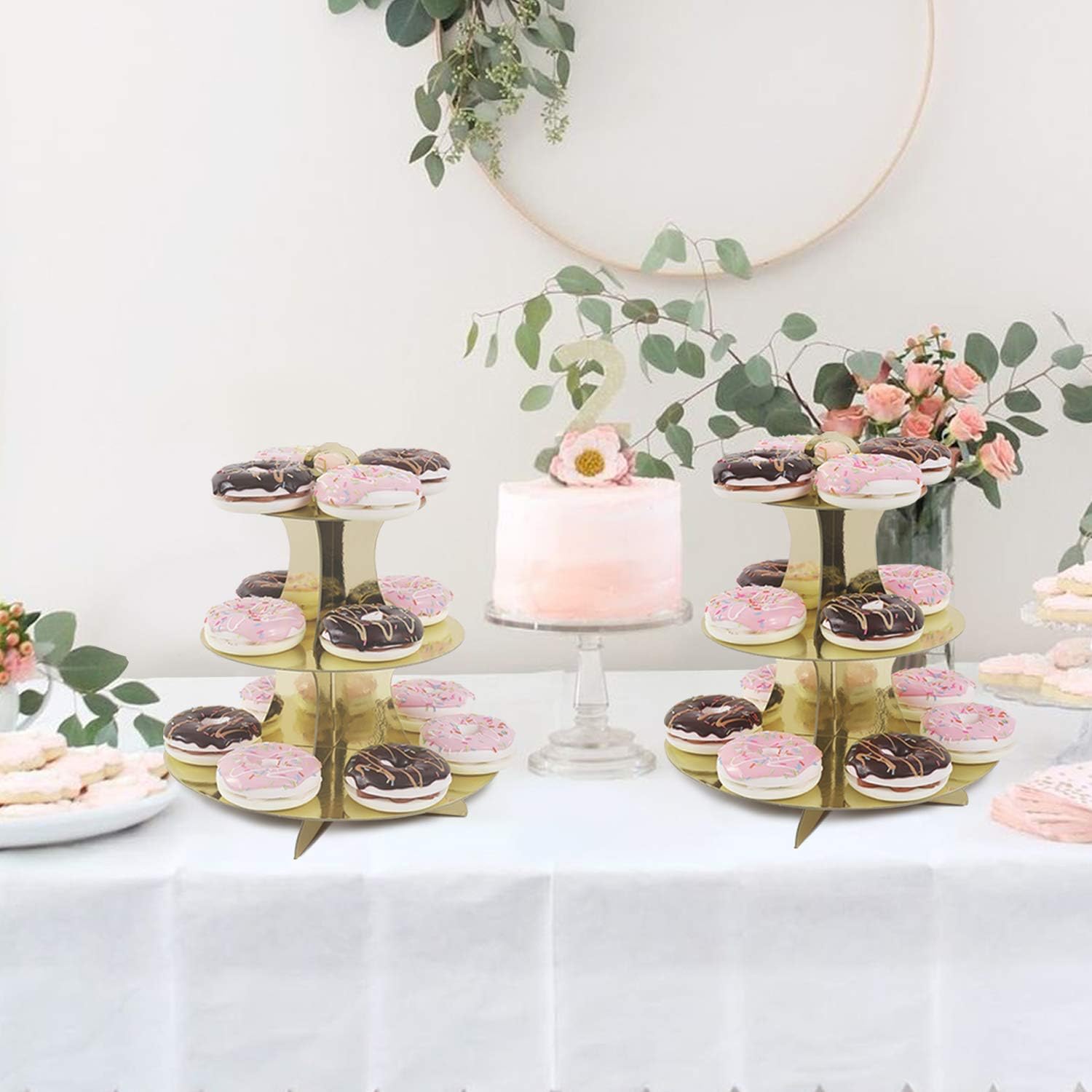 2 Set Gold 3-Tier Round Cardboard Cupcake Stand for 24 Cupcakes Perfect for Birthday Baby Bridal Shower Party Supplies