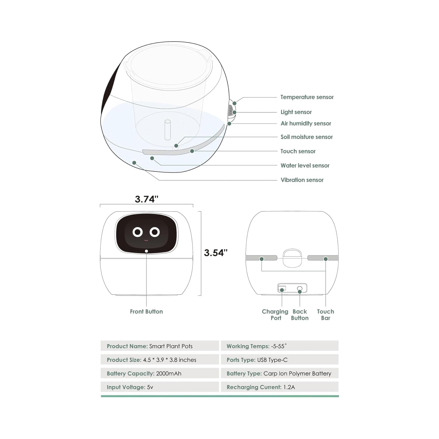 Smart Plant Pot, Smart Flowerpots, Intelligent Planter, with 49 Rich Expressions, 7 Smart sensors, AI Chips, LCD Screen Display, APP Control, Smart Expression, Time Date Weather Display