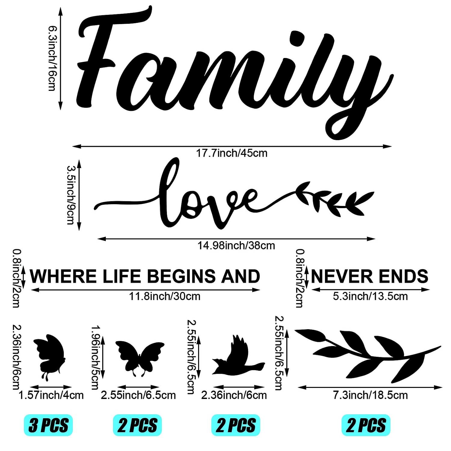 Mirror Family Wall Decor 3D Acrylic Wall Decal Stickers Family Letter Quotes Mirror Decor DIY Removable Wall Art Decals Motivational Butterfly Mural Stickers for Home Decor (Silver)