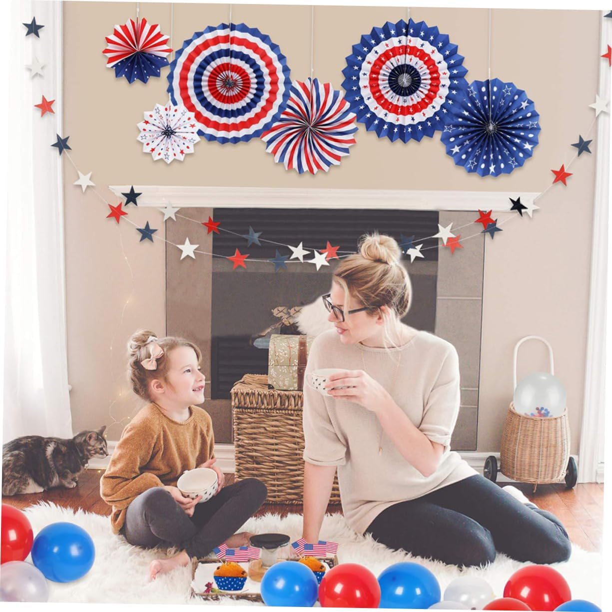 12pcs Ornament 4th of July Paper Decoration Patriotic Paper Fan Patriotic Ceiling Decoration American Haning Paper Fan Decore Wedding Decorations Party Supplies United States Flag