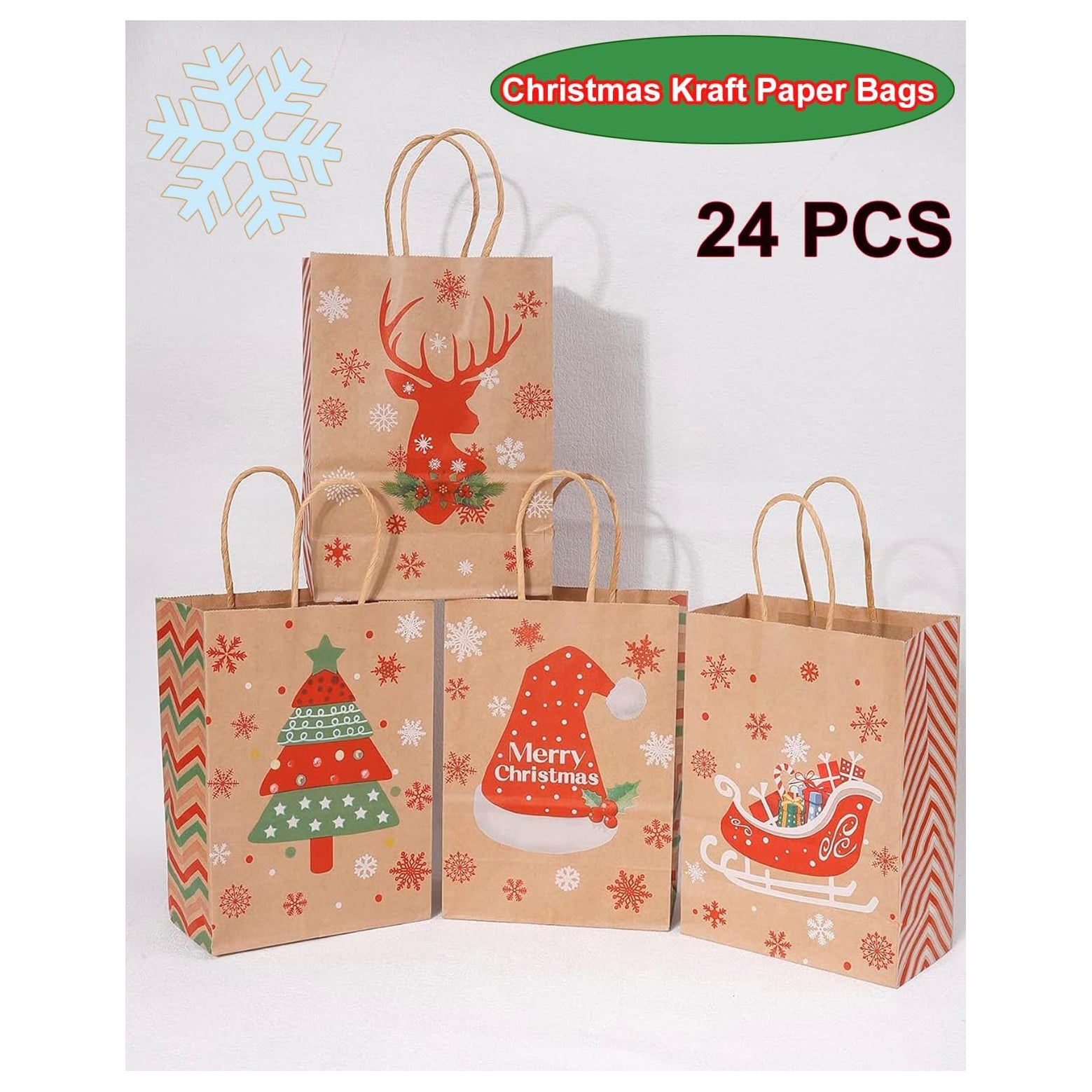 24Pcs Christmas Gift Bags Christmas Kraft Paper Bags, Christmas Goody Bags Small Christmas Gift Bags with Handles Xmas Treat Bags for Holiday Paper Gift Bags Party Gift Bags Party Supplies