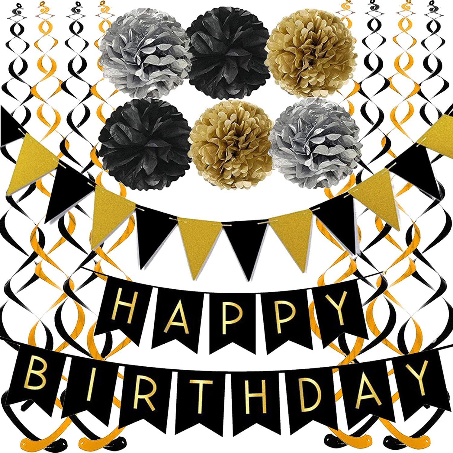 Happy Birthday Banner with Colorful Paper Flag Bunting Paper Circle Confetti Garland Swirl Streamers Honeycomb Ball for Birthday Party