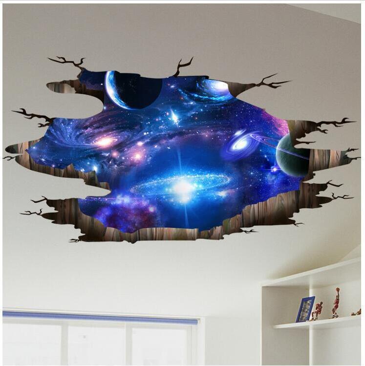 Creative 3D Blue Cosmic Galaxy Wall Decals Removable PVC Magic 3D Milky Way Outer Space Planet Window Wall Stickers Murals Wallpaper Decor for Home Walls Floor Ceiling Boys Room Kids Bedroom